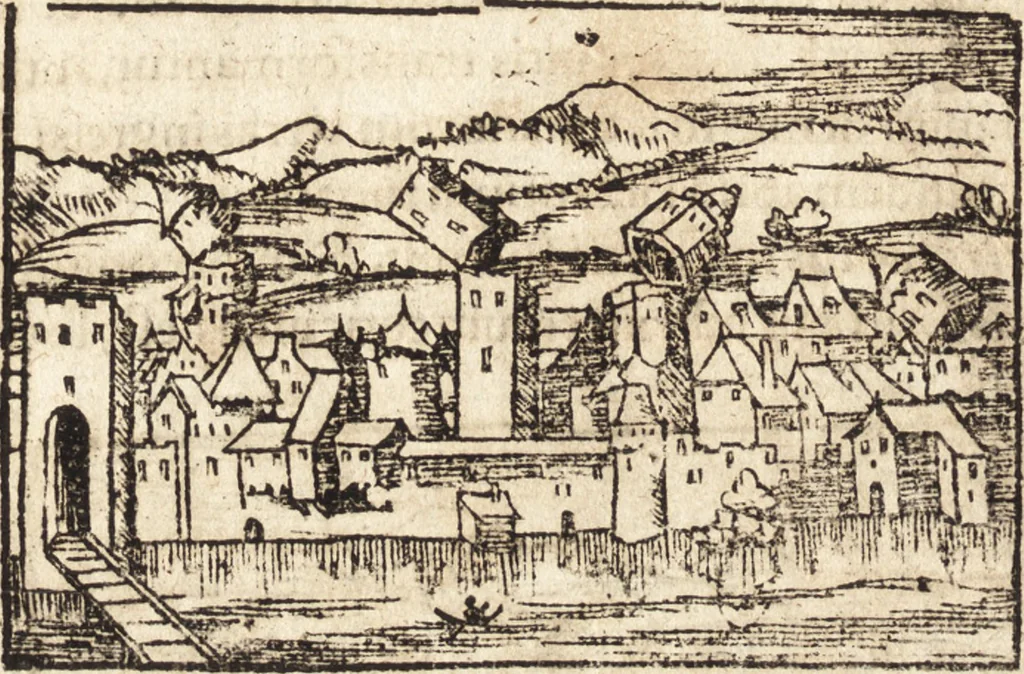 An illustration from Prodigiorvm ac ostentorvm chronicon : quae praeter naturae ordinem, motum, et operationem, et in svperioribus & his inferioribus mundi regionibus, ab exordio mundi usque ad haec nostra tempora, acciderunt ..., 1557, leaf 317