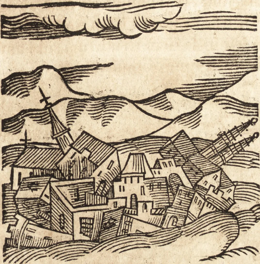 An illustration from Prodigiorvm ac ostentorvm chronicon : quae praeter naturae ordinem, motum, et operationem, et in svperioribus & his inferioribus mundi regionibus, ab exordio mundi usque ad haec nostra tempora, acciderunt ..., 1557, leaf 318