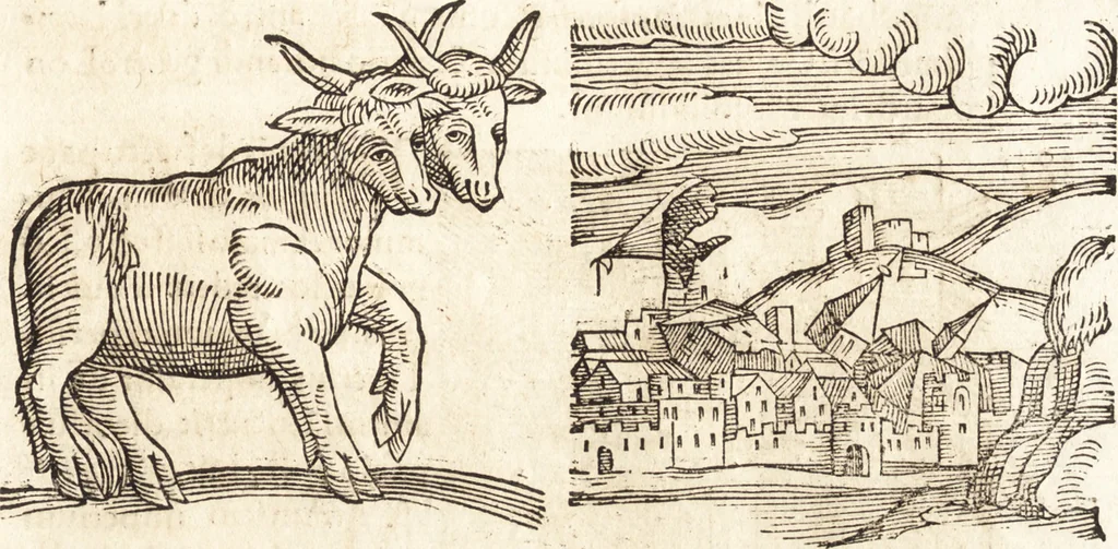 An illustration from Prodigiorvm ac ostentorvm chronicon : quae praeter naturae ordinem, motum, et operationem, et in svperioribus & his inferioribus mundi regionibus, ab exordio mundi usque ad haec nostra tempora, acciderunt ..., 1557, leaf 320
