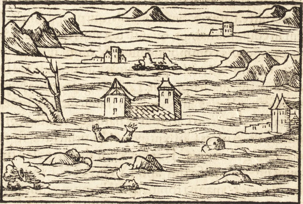 An illustration from Prodigiorvm ac ostentorvm chronicon : quae praeter naturae ordinem, motum, et operationem, et in svperioribus & his inferioribus mundi regionibus, ab exordio mundi usque ad haec nostra tempora, acciderunt ..., 1557, leaf 323