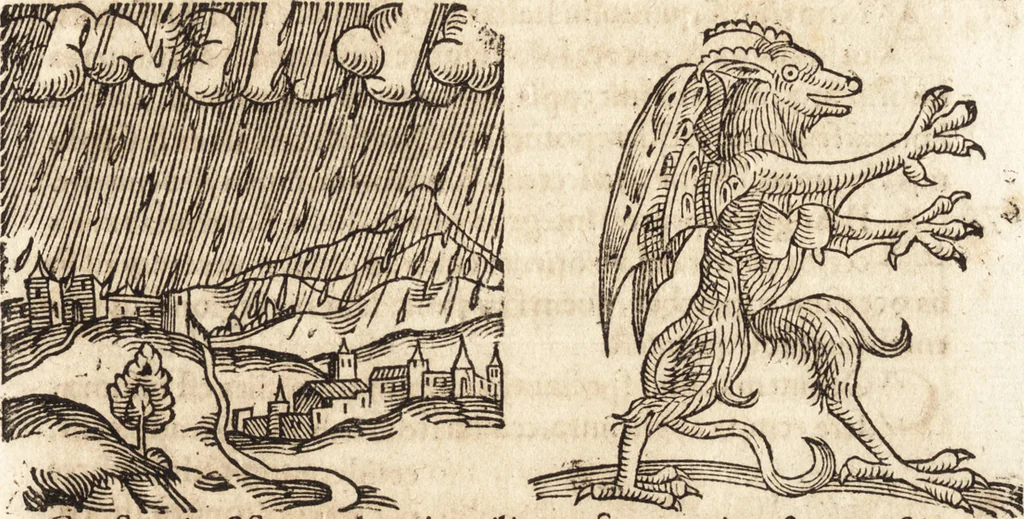 An illustration from Prodigiorvm ac ostentorvm chronicon : quae praeter naturae ordinem, motum, et operationem, et in svperioribus & his inferioribus mundi regionibus, ab exordio mundi usque ad haec nostra tempora, acciderunt ..., 1557, leaf 334