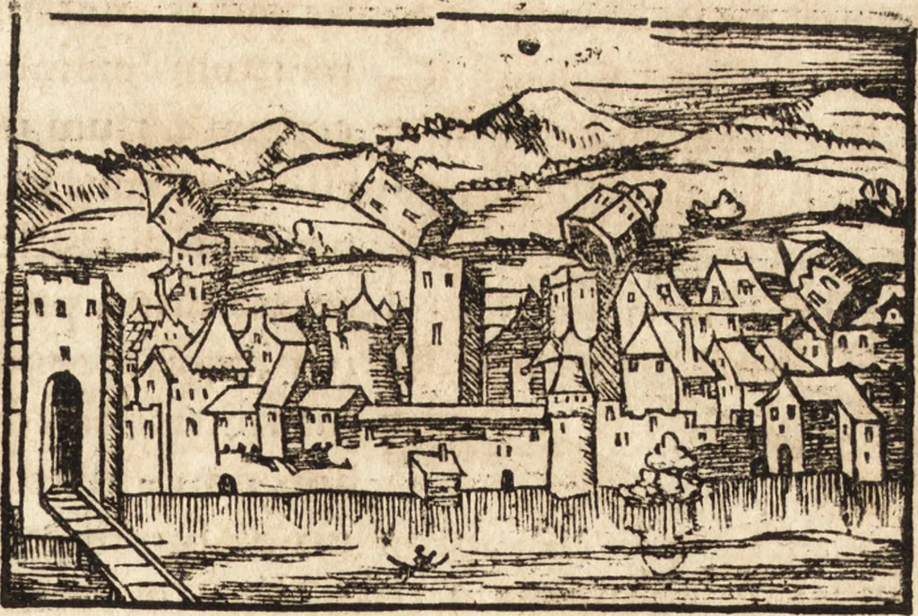 An illustration from Prodigiorvm ac ostentorvm chronicon : quae praeter naturae ordinem, motum, et operationem, et in svperioribus & his inferioribus mundi regionibus, ab exordio mundi usque ad haec nostra tempora, acciderunt ..., 1557, leaf 342