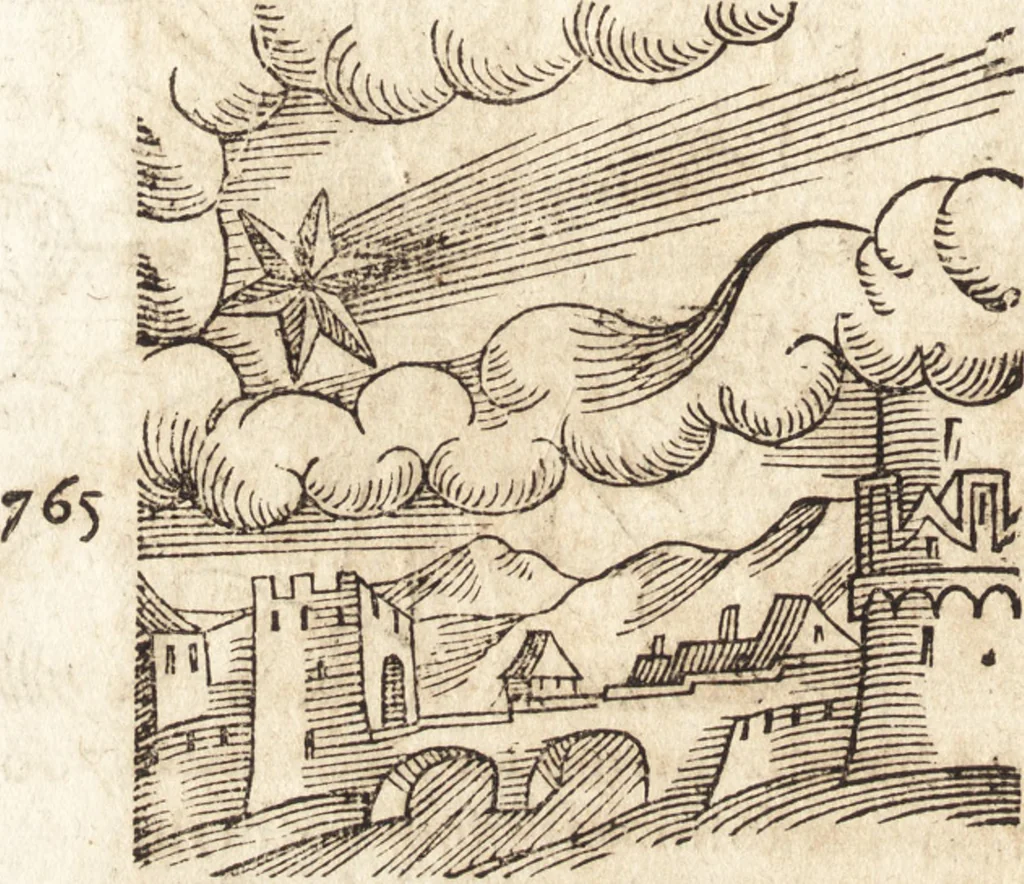 An illustration from Prodigiorvm ac ostentorvm chronicon : quae praeter naturae ordinem, motum, et operationem, et in svperioribus & his inferioribus mundi regionibus, ab exordio mundi usque ad haec nostra tempora, acciderunt ..., 1557, leaf 345