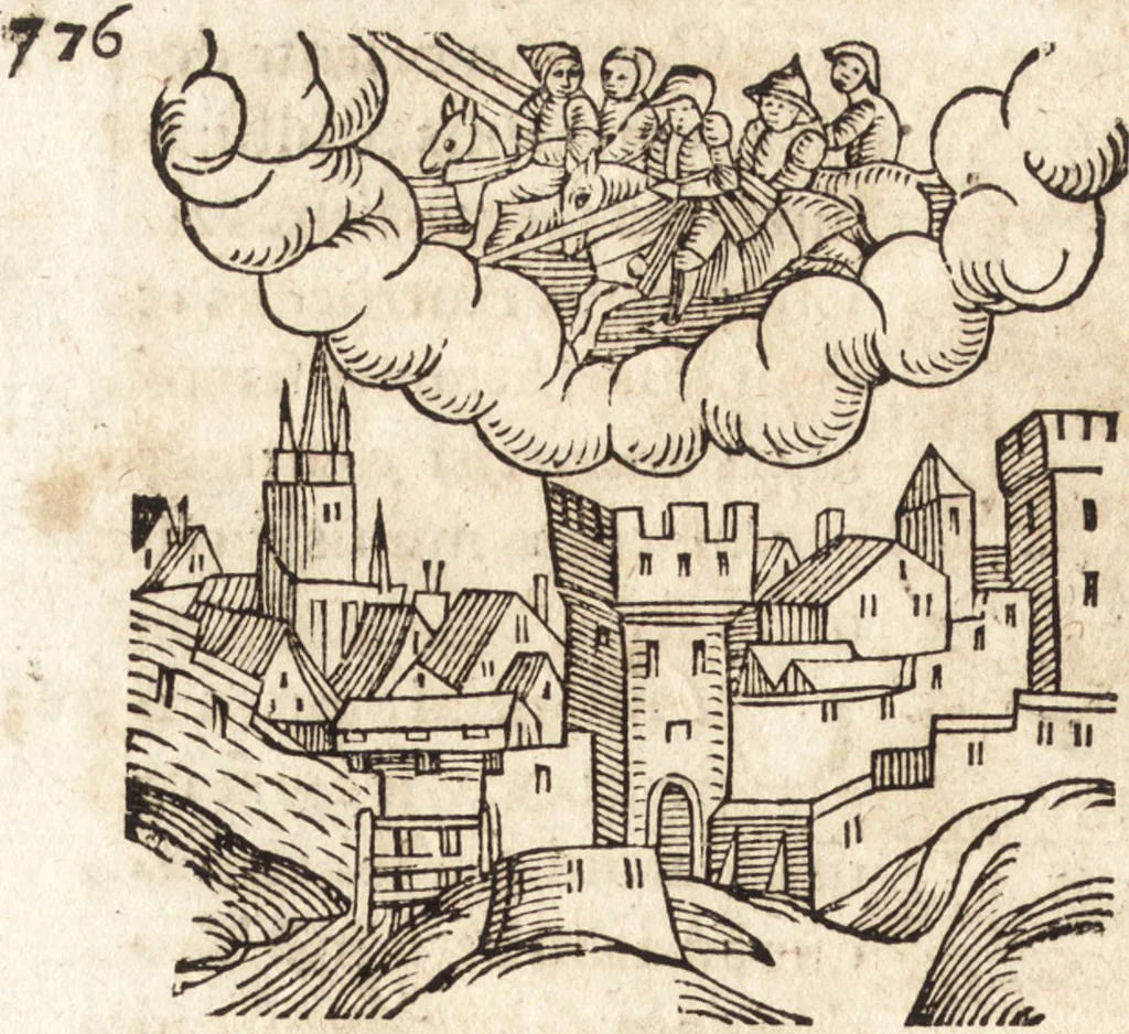 An illustration from Prodigiorvm ac ostentorvm chronicon : quae praeter naturae ordinem, motum, et operationem, et in svperioribus & his inferioribus mundi regionibus, ab exordio mundi usque ad haec nostra tempora, acciderunt ..., 1557, leaf 345