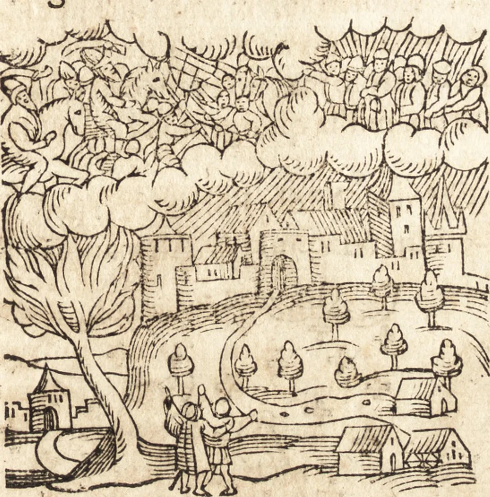 An illustration from Prodigiorvm ac ostentorvm chronicon : quae praeter naturae ordinem, motum, et operationem, et in svperioribus & his inferioribus mundi regionibus, ab exordio mundi usque ad haec nostra tempora, acciderunt ..., 1557, leaf 346