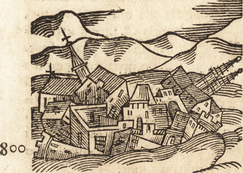 An illustration from Prodigiorvm ac ostentorvm chronicon : quae praeter naturae ordinem, motum, et operationem, et in svperioribus & his inferioribus mundi regionibus, ab exordio mundi usque ad haec nostra tempora, acciderunt ..., 1557, leaf 349