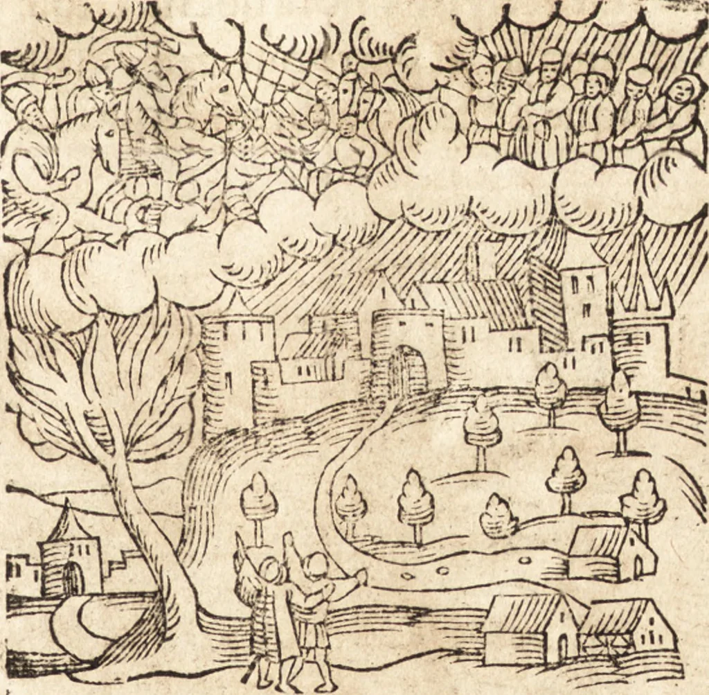 An illustration from Prodigiorvm ac ostentorvm chronicon : quae praeter naturae ordinem, motum, et operationem, et in svperioribus & his inferioribus mundi regionibus, ab exordio mundi usque ad haec nostra tempora, acciderunt ..., 1557, leaf 350