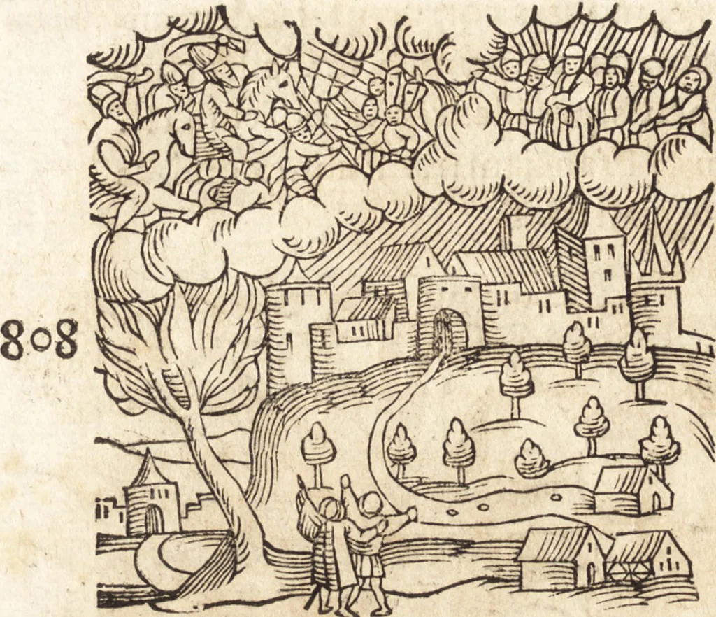 An illustration from Prodigiorvm ac ostentorvm chronicon : quae praeter naturae ordinem, motum, et operationem, et in svperioribus & his inferioribus mundi regionibus, ab exordio mundi usque ad haec nostra tempora, acciderunt ..., 1557, leaf 351