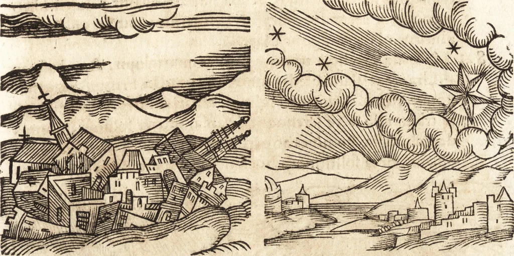An illustration from Prodigiorvm ac ostentorvm chronicon : quae praeter naturae ordinem, motum, et operationem, et in svperioribus & his inferioribus mundi regionibus, ab exordio mundi usque ad haec nostra tempora, acciderunt ..., 1557, leaf 354