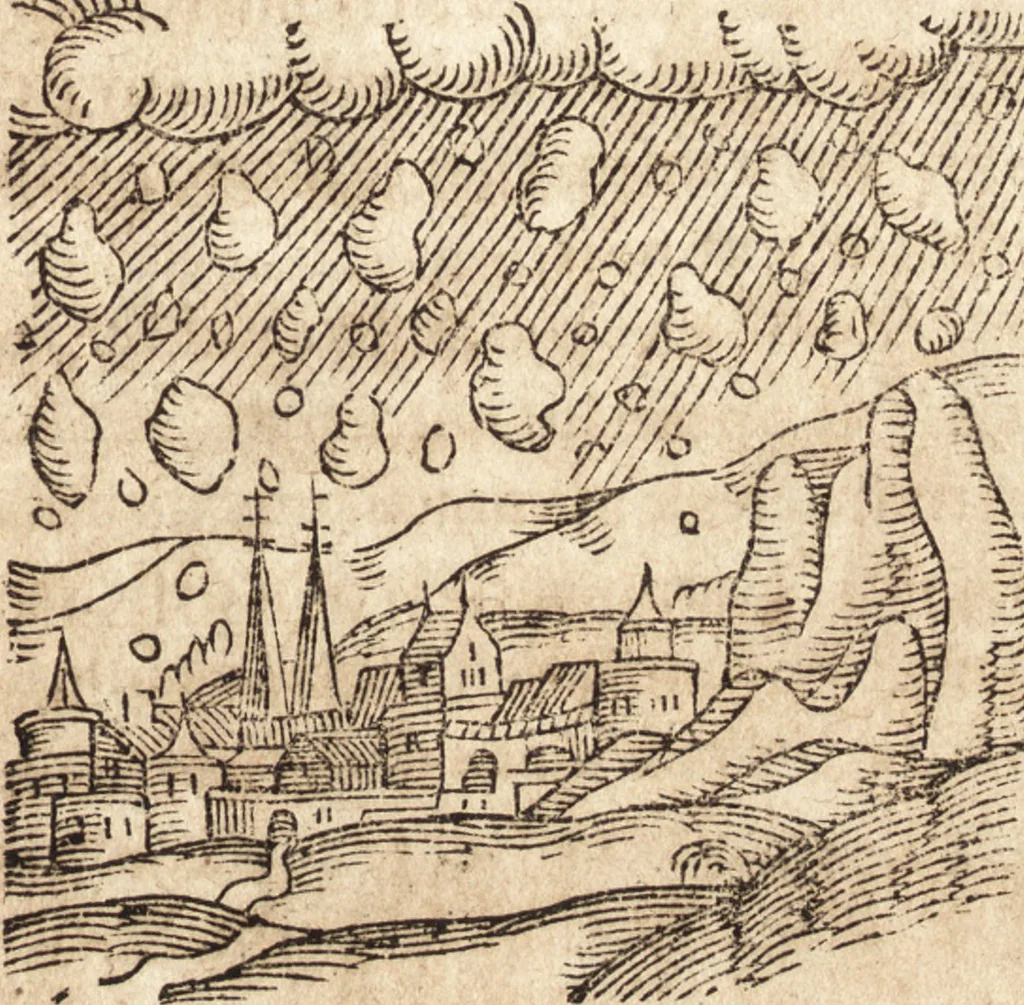 An illustration from Prodigiorvm ac ostentorvm chronicon : quae praeter naturae ordinem, motum, et operationem, et in svperioribus & his inferioribus mundi regionibus, ab exordio mundi usque ad haec nostra tempora, acciderunt ..., 1557, leaf 358