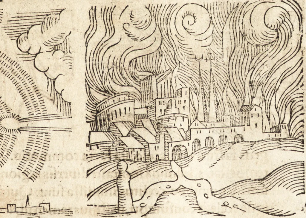 An illustration from Prodigiorvm ac ostentorvm chronicon : quae praeter naturae ordinem, motum, et operationem, et in svperioribus & his inferioribus mundi regionibus, ab exordio mundi usque ad haec nostra tempora, acciderunt ..., 1557, leaf 362