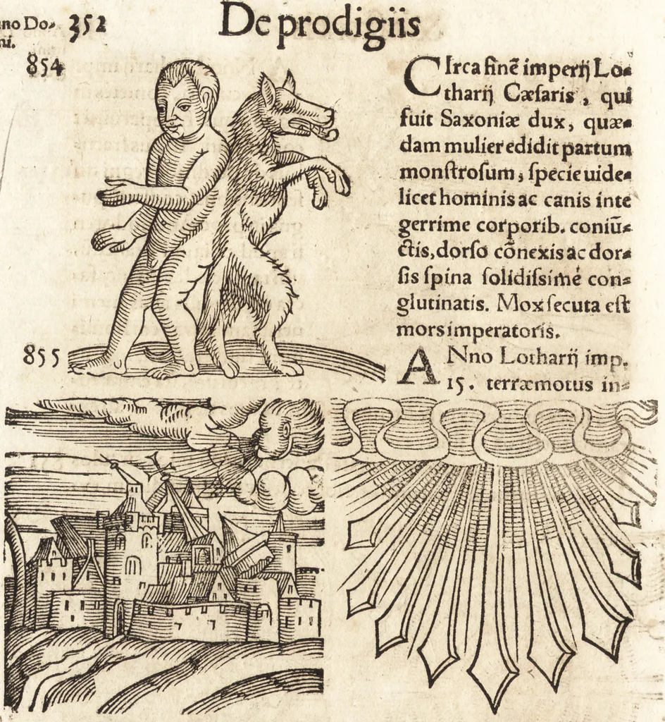An illustration from Prodigiorvm ac ostentorvm chronicon : quae praeter naturae ordinem, motum, et operationem, et in svperioribus & his inferioribus mundi regionibus, ab exordio mundi usque ad haec nostra tempora, acciderunt ..., 1557, leaf 363