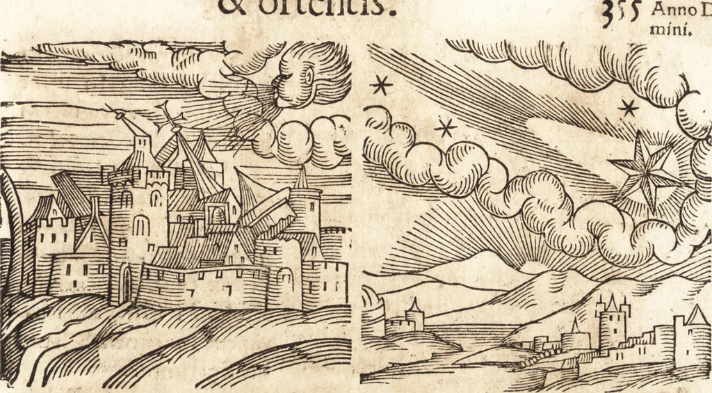 An illustration from Prodigiorvm ac ostentorvm chronicon : quae praeter naturae ordinem, motum, et operationem, et in svperioribus & his inferioribus mundi regionibus, ab exordio mundi usque ad haec nostra tempora, acciderunt ..., 1557, leaf 366