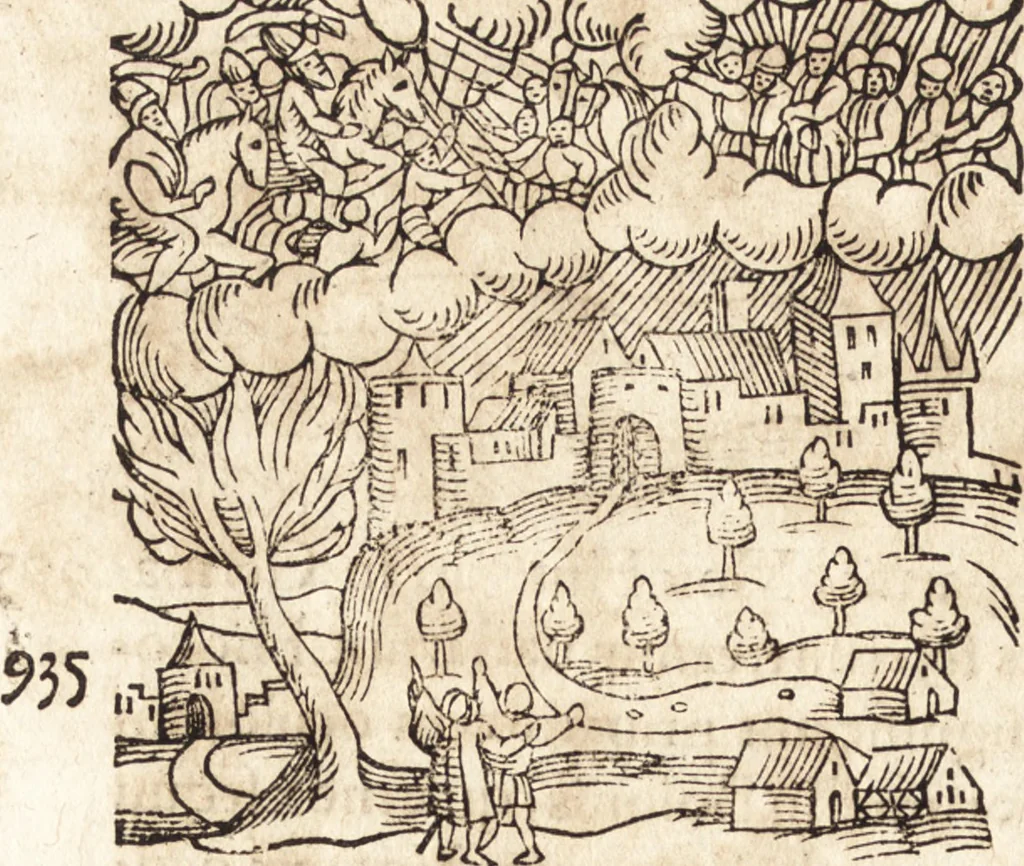 An illustration from Prodigiorvm ac ostentorvm chronicon : quae praeter naturae ordinem, motum, et operationem, et in svperioribus & his inferioribus mundi regionibus, ab exordio mundi usque ad haec nostra tempora, acciderunt ..., 1557, leaf 371