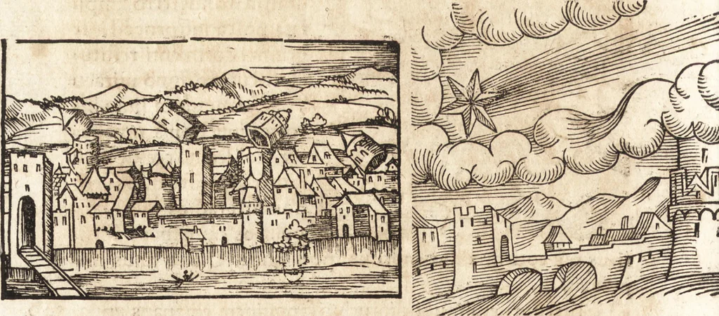 An illustration from Prodigiorvm ac ostentorvm chronicon : quae praeter naturae ordinem, motum, et operationem, et in svperioribus & his inferioribus mundi regionibus, ab exordio mundi usque ad haec nostra tempora, acciderunt ..., 1557, leaf 373