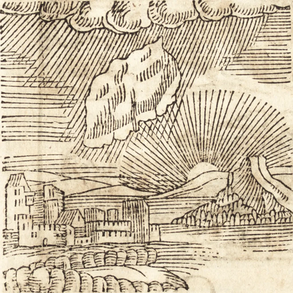 An illustration from Prodigiorvm ac ostentorvm chronicon : quae praeter naturae ordinem, motum, et operationem, et in svperioribus & his inferioribus mundi regionibus, ab exordio mundi usque ad haec nostra tempora, acciderunt ..., 1557, leaf 374
