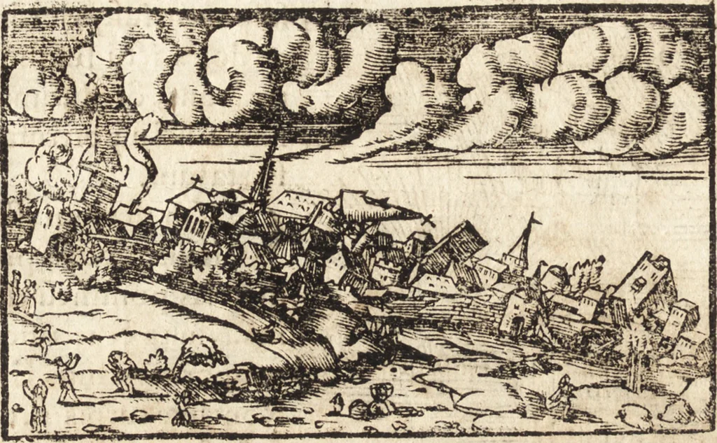 An illustration from Prodigiorvm ac ostentorvm chronicon : quae praeter naturae ordinem, motum, et operationem, et in svperioribus & his inferioribus mundi regionibus, ab exordio mundi usque ad haec nostra tempora, acciderunt ..., 1557, leaf 375