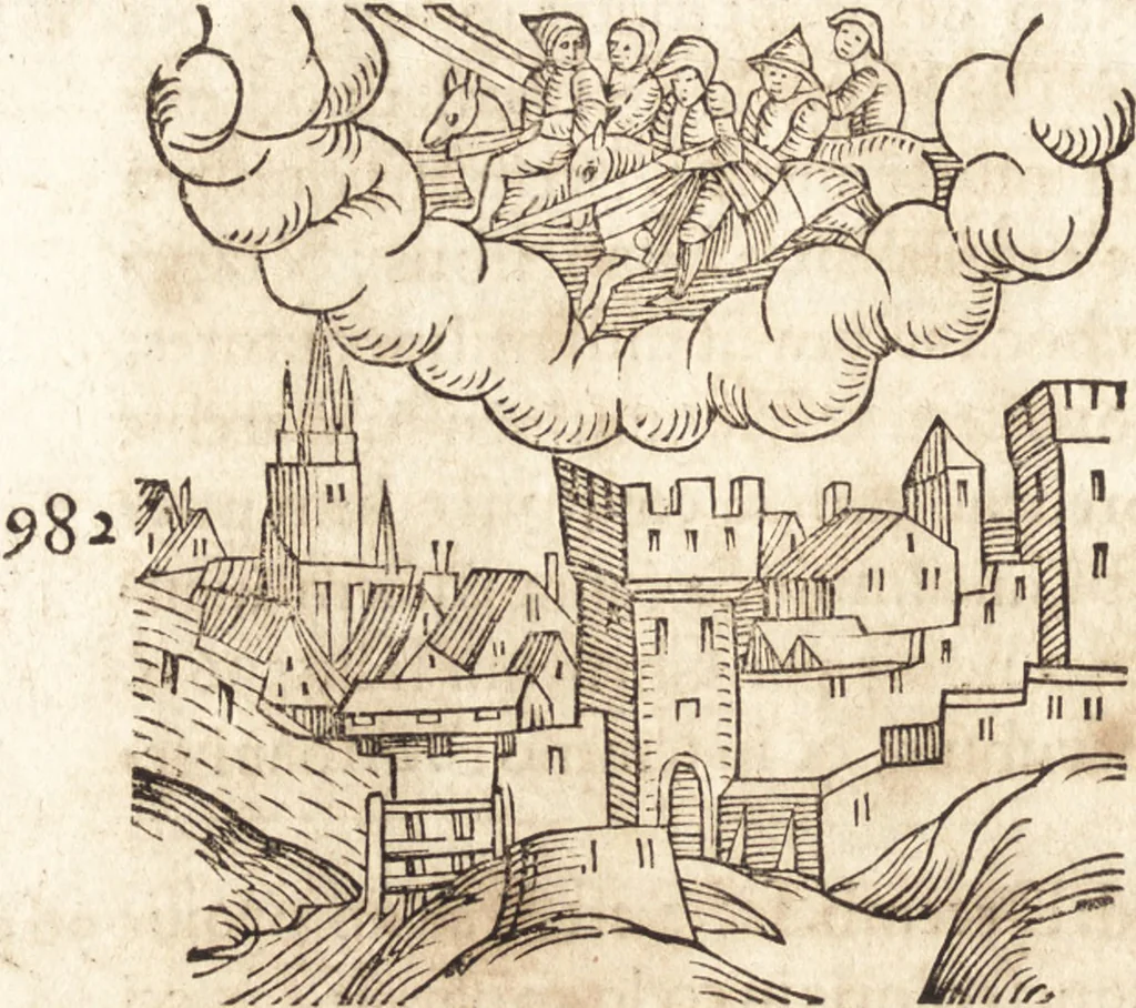 An illustration from Prodigiorvm ac ostentorvm chronicon : quae praeter naturae ordinem, motum, et operationem, et in svperioribus & his inferioribus mundi regionibus, ab exordio mundi usque ad haec nostra tempora, acciderunt ..., 1557, leaf 377