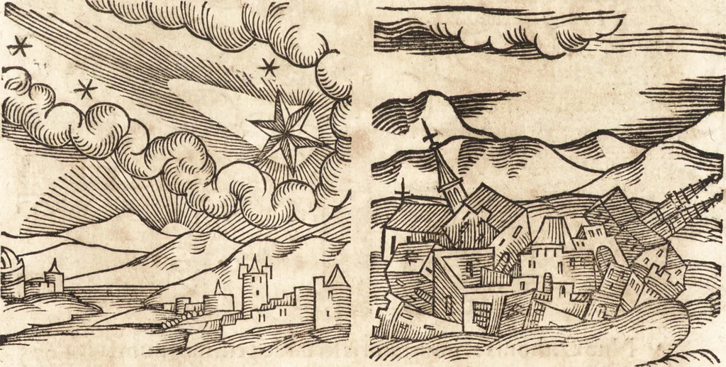 An illustration from Prodigiorvm ac ostentorvm chronicon : quae praeter naturae ordinem, motum, et operationem, et in svperioribus & his inferioribus mundi regionibus, ab exordio mundi usque ad haec nostra tempora, acciderunt ..., 1557, leaf 377