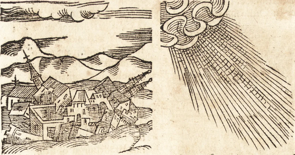 An illustration from Prodigiorvm ac ostentorvm chronicon : quae praeter naturae ordinem, motum, et operationem, et in svperioribus & his inferioribus mundi regionibus, ab exordio mundi usque ad haec nostra tempora, acciderunt ..., 1557, leaf 379