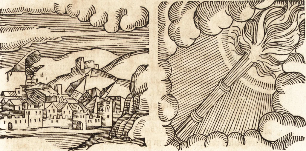 An illustration from Prodigiorvm ac ostentorvm chronicon : quae praeter naturae ordinem, motum, et operationem, et in svperioribus & his inferioribus mundi regionibus, ab exordio mundi usque ad haec nostra tempora, acciderunt ..., 1557, leaf 382
