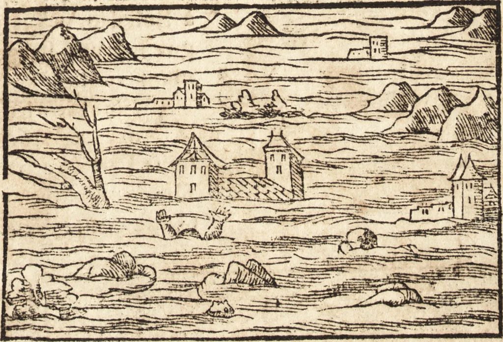 An illustration from Prodigiorvm ac ostentorvm chronicon : quae praeter naturae ordinem, motum, et operationem, et in svperioribus & his inferioribus mundi regionibus, ab exordio mundi usque ad haec nostra tempora, acciderunt ..., 1557, leaf 384