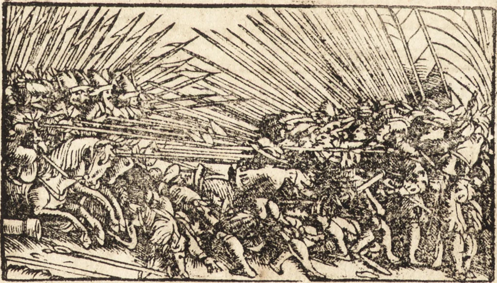 An illustration from Prodigiorvm ac ostentorvm chronicon : quae praeter naturae ordinem, motum, et operationem, et in svperioribus & his inferioribus mundi regionibus, ab exordio mundi usque ad haec nostra tempora, acciderunt ..., 1557, leaf 385