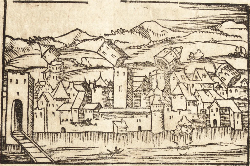 An illustration from Prodigiorvm ac ostentorvm chronicon : quae praeter naturae ordinem, motum, et operationem, et in svperioribus & his inferioribus mundi regionibus, ab exordio mundi usque ad haec nostra tempora, acciderunt ..., 1557, leaf 386