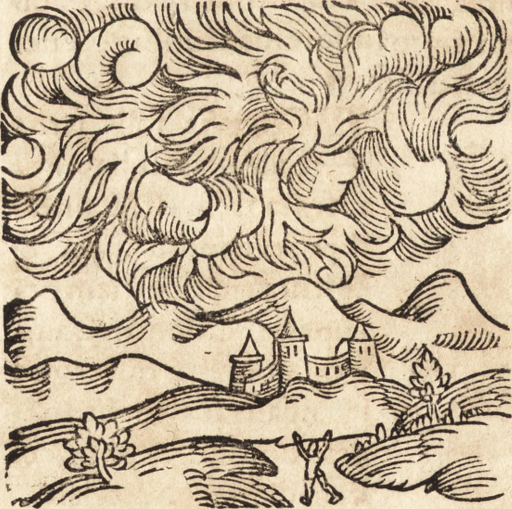 An illustration from Prodigiorvm ac ostentorvm chronicon : quae praeter naturae ordinem, motum, et operationem, et in svperioribus & his inferioribus mundi regionibus, ab exordio mundi usque ad haec nostra tempora, acciderunt ..., 1557, leaf 387