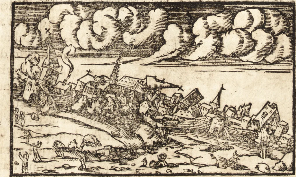 An illustration from Prodigiorvm ac ostentorvm chronicon : quae praeter naturae ordinem, motum, et operationem, et in svperioribus & his inferioribus mundi regionibus, ab exordio mundi usque ad haec nostra tempora, acciderunt ..., 1557, leaf 392