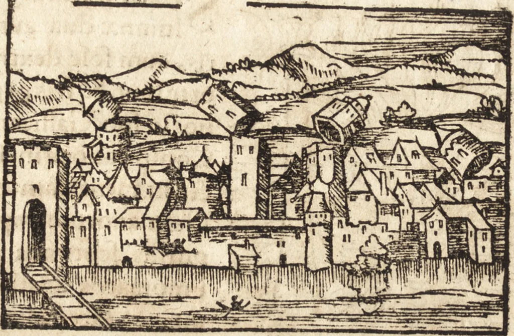 An illustration from Prodigiorvm ac ostentorvm chronicon : quae praeter naturae ordinem, motum, et operationem, et in svperioribus & his inferioribus mundi regionibus, ab exordio mundi usque ad haec nostra tempora, acciderunt ..., 1557, leaf 395