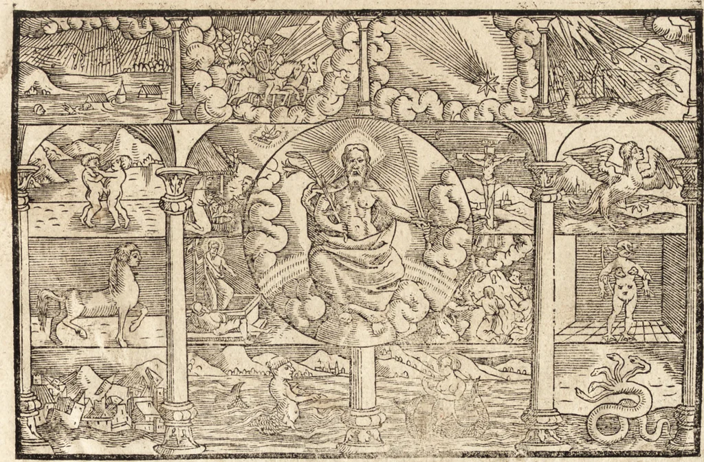An illustration from Prodigiorvm ac ostentorvm chronicon : quae praeter naturae ordinem, motum, et operationem, et in svperioribus & his inferioribus mundi regionibus, ab exordio mundi usque ad haec nostra tempora, acciderunt ..., 1557, leaf 4