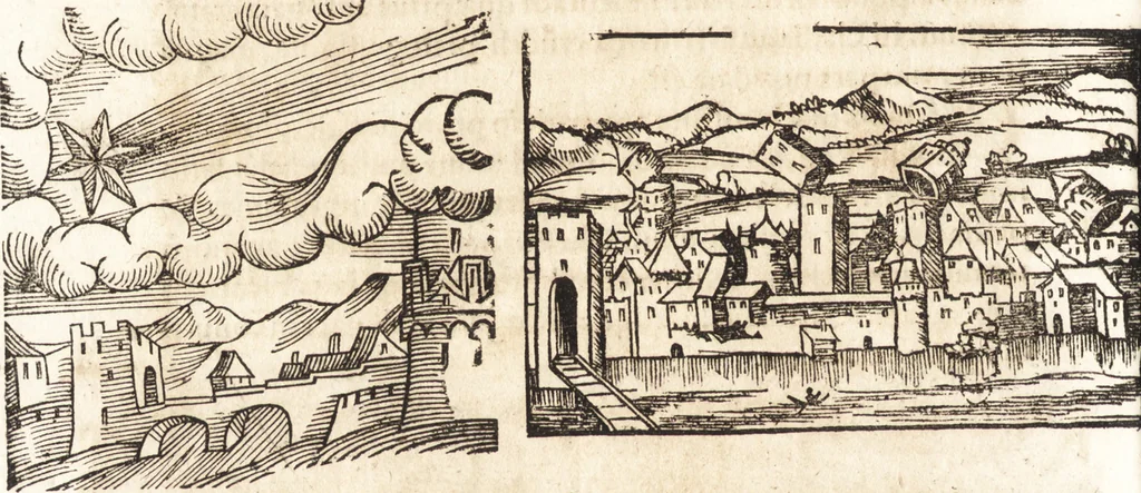 An illustration from Prodigiorvm ac ostentorvm chronicon : quae praeter naturae ordinem, motum, et operationem, et in svperioribus & his inferioribus mundi regionibus, ab exordio mundi usque ad haec nostra tempora, acciderunt ..., 1557, leaf 401