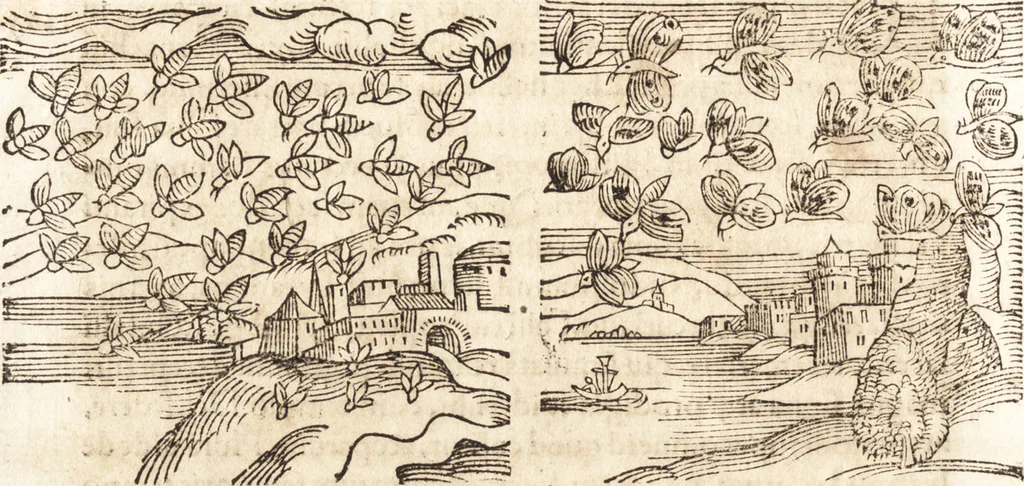 An illustration from Prodigiorvm ac ostentorvm chronicon : quae praeter naturae ordinem, motum, et operationem, et in svperioribus & his inferioribus mundi regionibus, ab exordio mundi usque ad haec nostra tempora, acciderunt ..., 1557, leaf 403