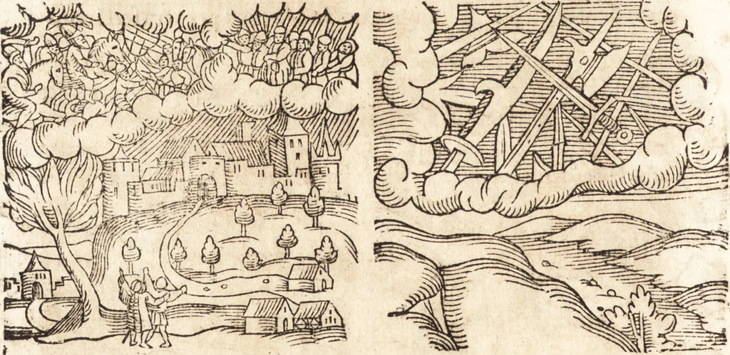 An illustration from Prodigiorvm ac ostentorvm chronicon : quae praeter naturae ordinem, motum, et operationem, et in svperioribus & his inferioribus mundi regionibus, ab exordio mundi usque ad haec nostra tempora, acciderunt ..., 1557, leaf 403