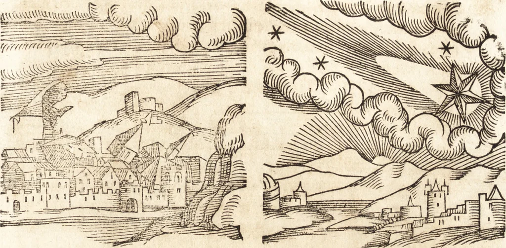 An illustration from Prodigiorvm ac ostentorvm chronicon : quae praeter naturae ordinem, motum, et operationem, et in svperioribus & his inferioribus mundi regionibus, ab exordio mundi usque ad haec nostra tempora, acciderunt ..., 1557, leaf 404