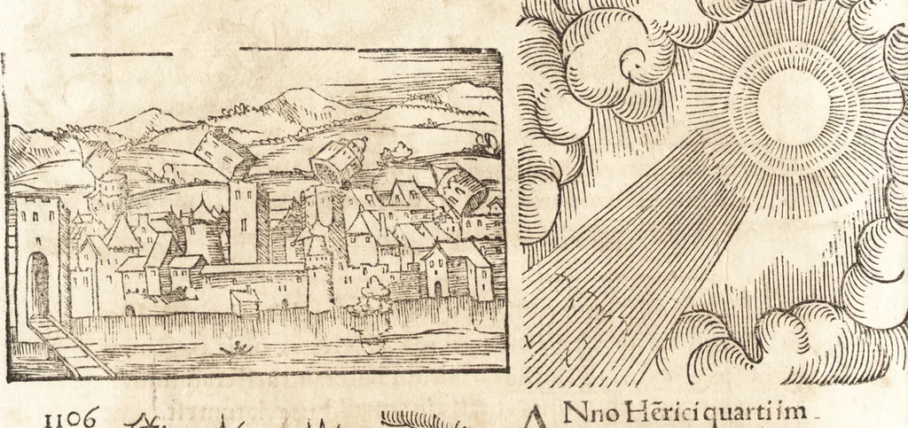 An illustration from Prodigiorvm ac ostentorvm chronicon : quae praeter naturae ordinem, motum, et operationem, et in svperioribus & his inferioribus mundi regionibus, ab exordio mundi usque ad haec nostra tempora, acciderunt ..., 1557, leaf 405