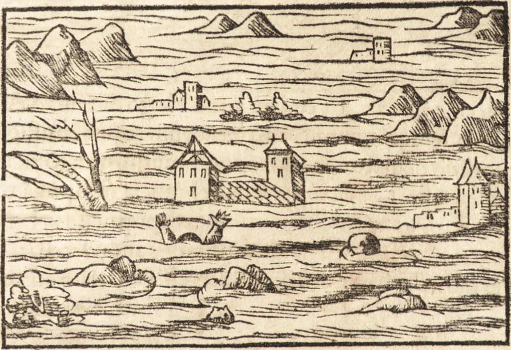 An illustration from Prodigiorvm ac ostentorvm chronicon : quae praeter naturae ordinem, motum, et operationem, et in svperioribus & his inferioribus mundi regionibus, ab exordio mundi usque ad haec nostra tempora, acciderunt ..., 1557, leaf 406