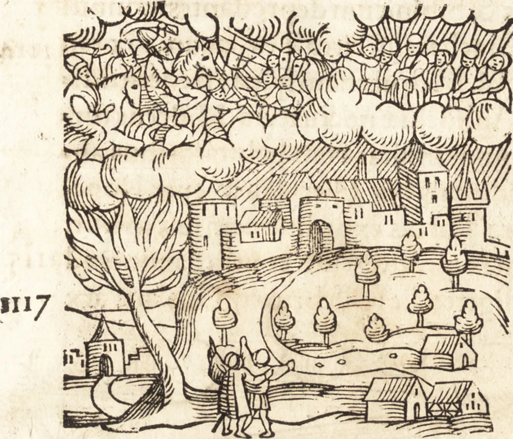 An illustration from Prodigiorvm ac ostentorvm chronicon : quae praeter naturae ordinem, motum, et operationem, et in svperioribus & his inferioribus mundi regionibus, ab exordio mundi usque ad haec nostra tempora, acciderunt ..., 1557, leaf 411
