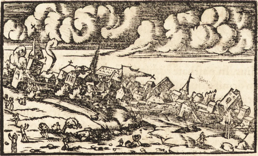 An illustration from Prodigiorvm ac ostentorvm chronicon : quae praeter naturae ordinem, motum, et operationem, et in svperioribus & his inferioribus mundi regionibus, ab exordio mundi usque ad haec nostra tempora, acciderunt ..., 1557, leaf 411