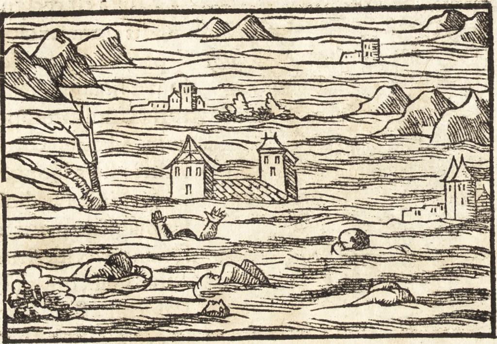 An illustration from Prodigiorvm ac ostentorvm chronicon : quae praeter naturae ordinem, motum, et operationem, et in svperioribus & his inferioribus mundi regionibus, ab exordio mundi usque ad haec nostra tempora, acciderunt ..., 1557, leaf 433