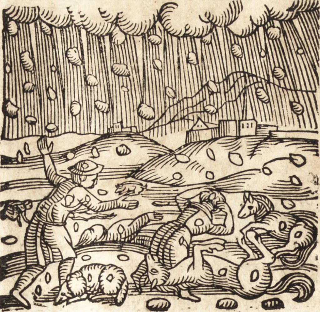 An illustration from Prodigiorvm ac ostentorvm chronicon : quae praeter naturae ordinem, motum, et operationem, et in svperioribus & his inferioribus mundi regionibus, ab exordio mundi usque ad haec nostra tempora, acciderunt ..., 1557, leaf 437