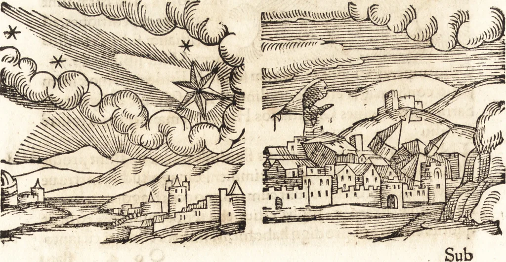 An illustration from Prodigiorvm ac ostentorvm chronicon : quae praeter naturae ordinem, motum, et operationem, et in svperioribus & his inferioribus mundi regionibus, ab exordio mundi usque ad haec nostra tempora, acciderunt ..., 1557, leaf 443