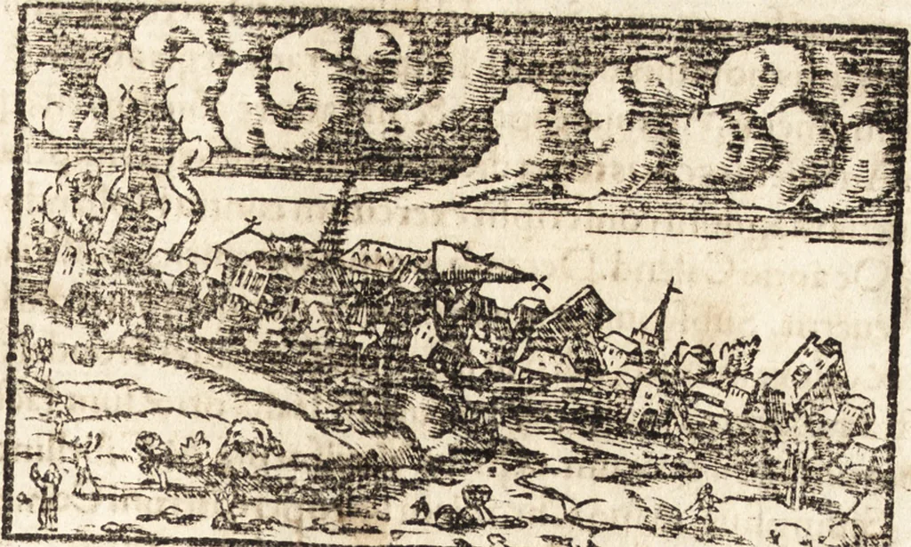 An illustration from Prodigiorvm ac ostentorvm chronicon : quae praeter naturae ordinem, motum, et operationem, et in svperioribus & his inferioribus mundi regionibus, ab exordio mundi usque ad haec nostra tempora, acciderunt ..., 1557, leaf 458