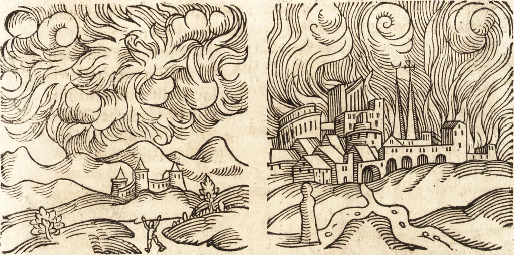 An illustration from Prodigiorvm ac ostentorvm chronicon : quae praeter naturae ordinem, motum, et operationem, et in svperioribus & his inferioribus mundi regionibus, ab exordio mundi usque ad haec nostra tempora, acciderunt ..., 1557, leaf 46