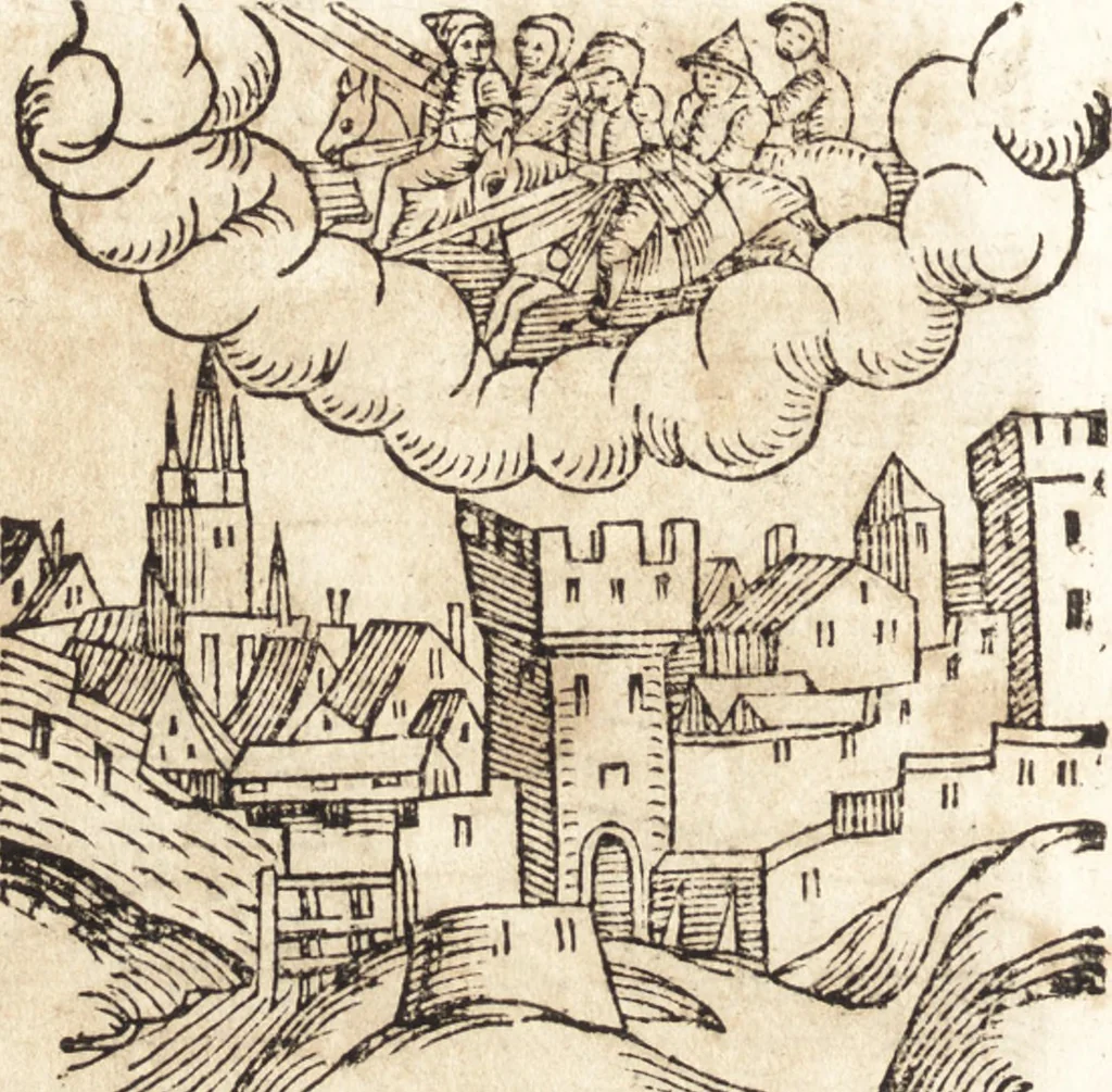 An illustration from Prodigiorvm ac ostentorvm chronicon : quae praeter naturae ordinem, motum, et operationem, et in svperioribus & his inferioribus mundi regionibus, ab exordio mundi usque ad haec nostra tempora, acciderunt ..., 1557, leaf 461