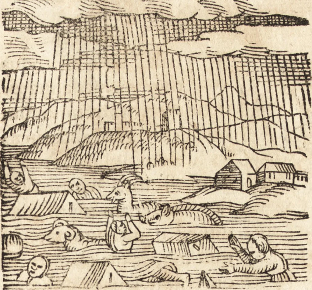An illustration from Prodigiorvm ac ostentorvm chronicon : quae praeter naturae ordinem, motum, et operationem, et in svperioribus & his inferioribus mundi regionibus, ab exordio mundi usque ad haec nostra tempora, acciderunt ..., 1557, leaf 466