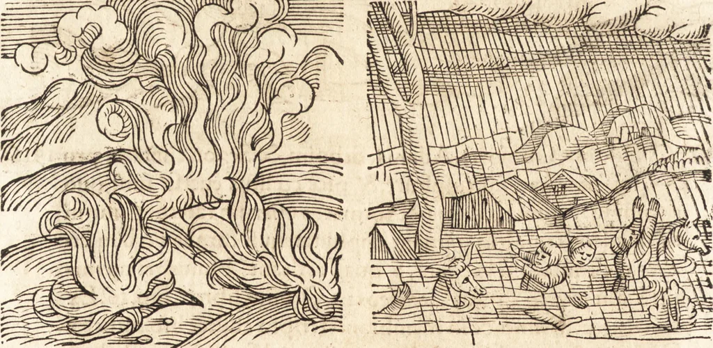 An illustration from Prodigiorvm ac ostentorvm chronicon : quae praeter naturae ordinem, motum, et operationem, et in svperioribus & his inferioribus mundi regionibus, ab exordio mundi usque ad haec nostra tempora, acciderunt ..., 1557, leaf 47