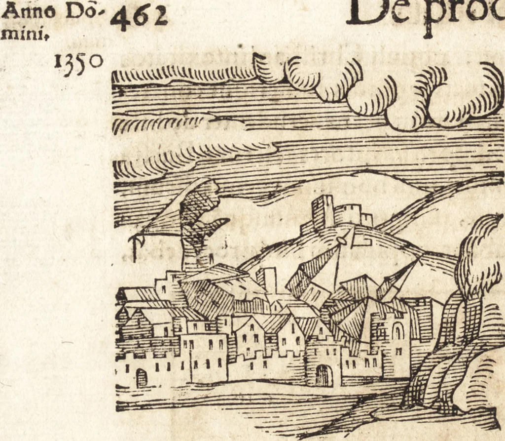 An illustration from Prodigiorvm ac ostentorvm chronicon : quae praeter naturae ordinem, motum, et operationem, et in svperioribus & his inferioribus mundi regionibus, ab exordio mundi usque ad haec nostra tempora, acciderunt ..., 1557, leaf 473