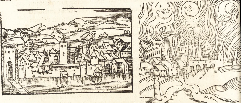 An illustration from Prodigiorvm ac ostentorvm chronicon : quae praeter naturae ordinem, motum, et operationem, et in svperioribus & his inferioribus mundi regionibus, ab exordio mundi usque ad haec nostra tempora, acciderunt ..., 1557, leaf 475